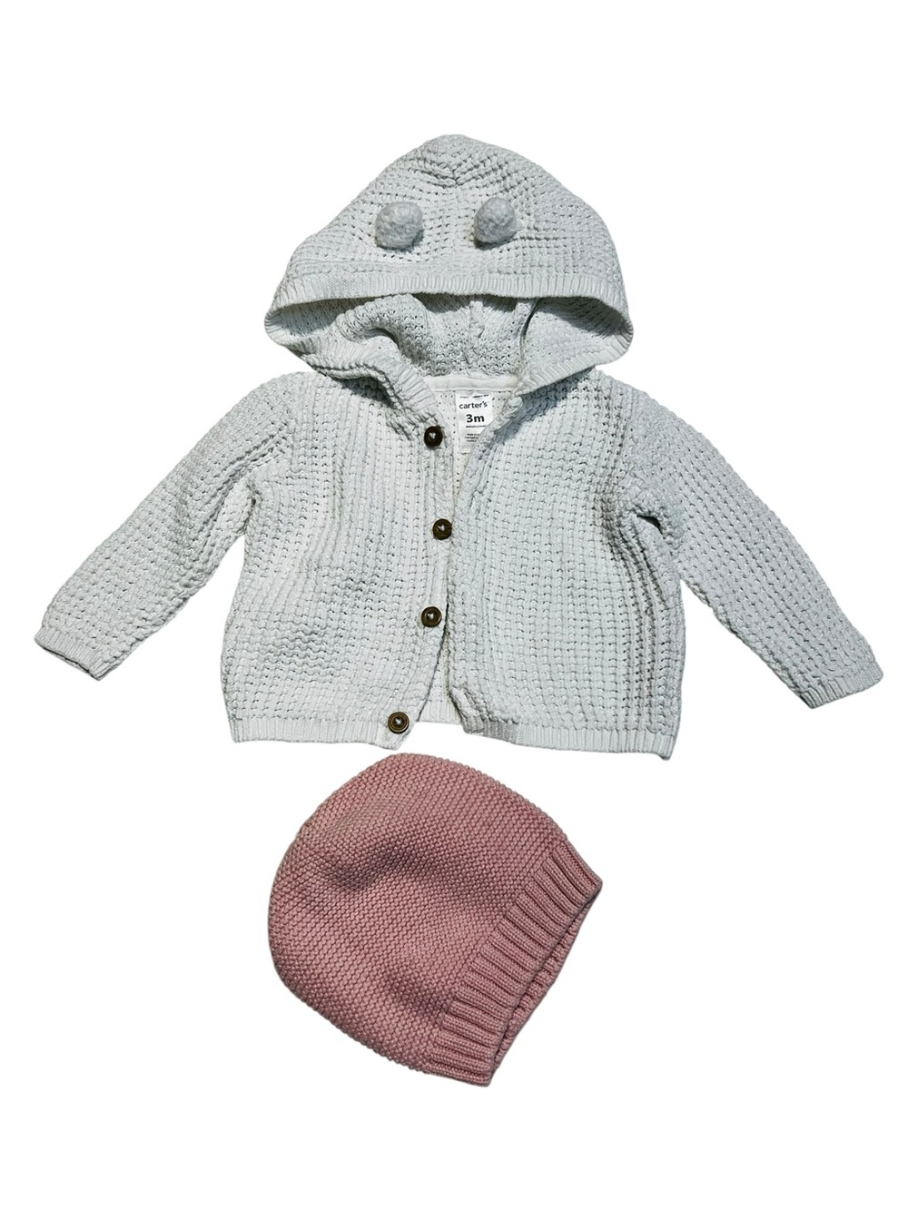 Carter's‎ White Hooded Knit Cardigan with Brown Buttons and pink knit baby hat